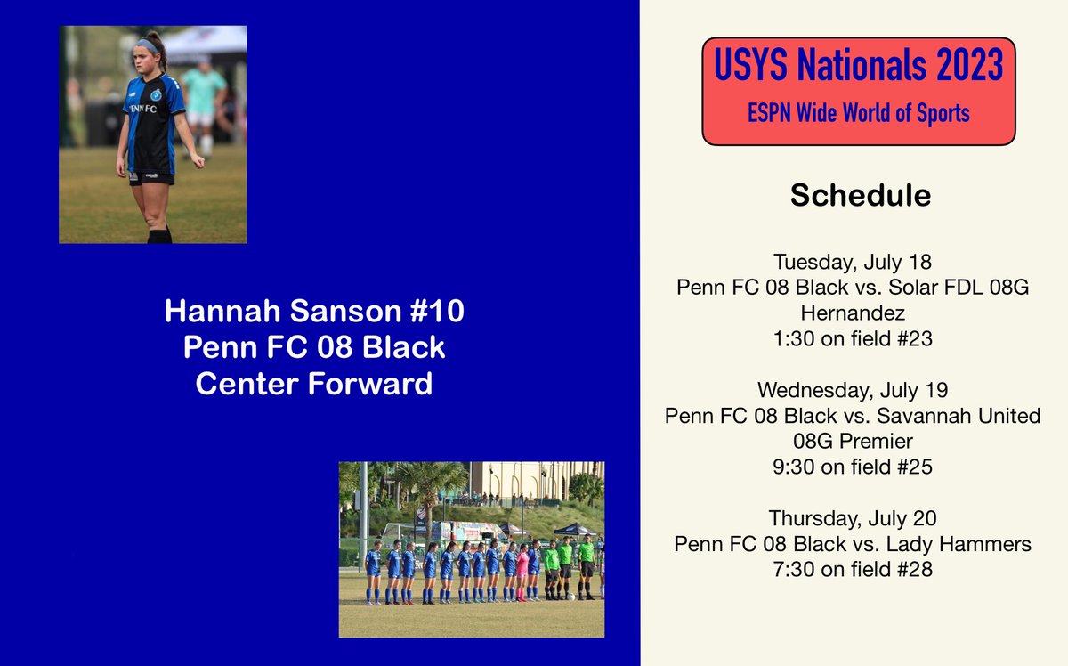 hannah_sanson1's tweet photo. I am beyond excited for my team to complete at the USYS National Championship for the second year in a row! Let’s come with the win ladies 🏆 @usyscups @NationalLeague @PennFCYouth #EarnYour @TopDrawerSoccer #EarnYourPlace #Nattys #ESPN #Florida https://t.co/91gxl7lDR2