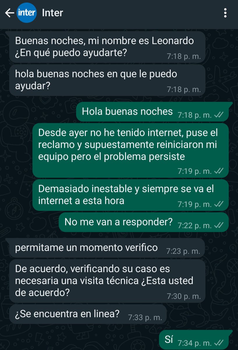 Adelchv's tweet photo. Bastante ineficiente su atención al cliente @InterCliente después de estar media hora tratando de que atendieran, me responde el tal Leonardo y me ofrece una visita técnica, la cual no quiero porque eso es un robo y no solucionan nada. No es falla de mi equipo, es de ustedes. https://t.co/kT4kqBN2RD