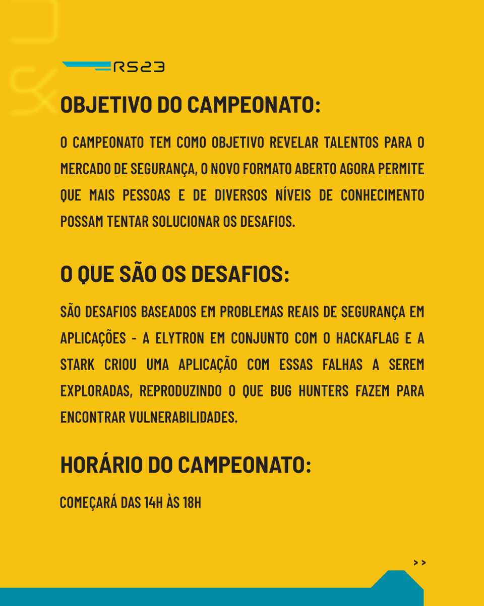 roadsec's tweet photo. O maior campeonato de CTF do Brasil está aqui no #roadsec! O #HFBR23 Stark Bank, organizado pelo Hackaflag, começa amanhã a partir das 14h, em uma edição inédita exclusiva no maior festival hacker da América Latina! #dontstophacking https://t.co/DkHy1SKHyD
