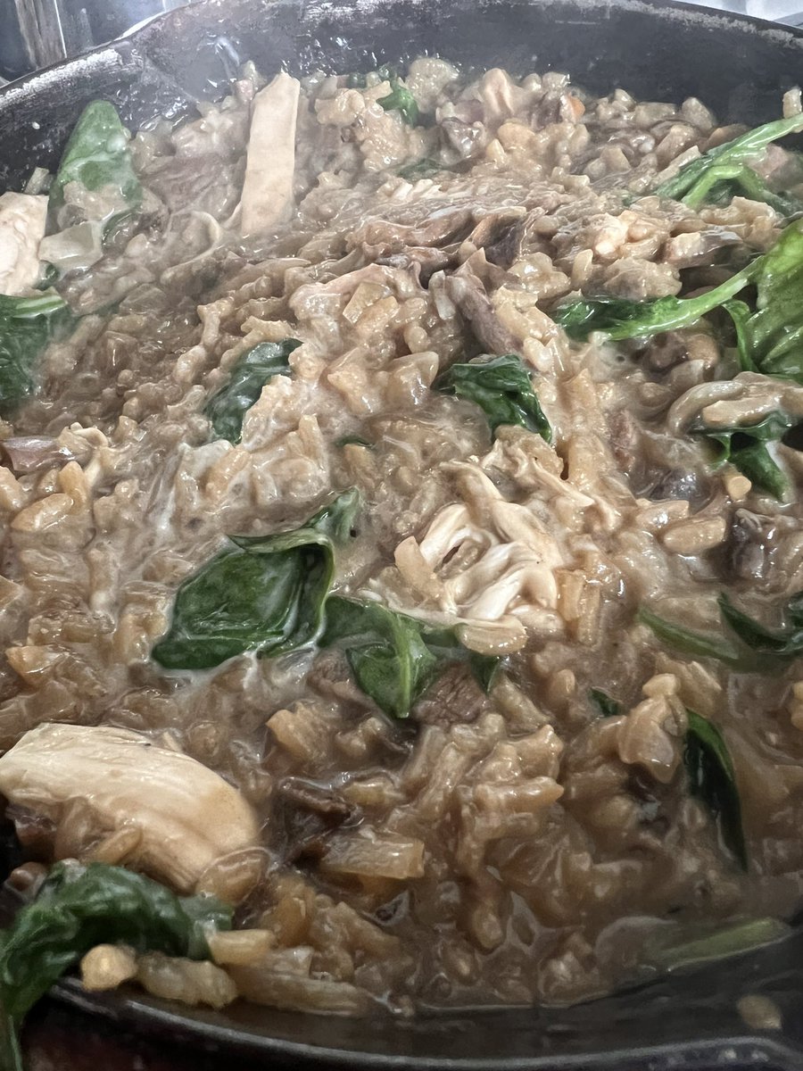 Porcini mushroom risotto with shredded roast chicken. #DinnerAtTheTrailer