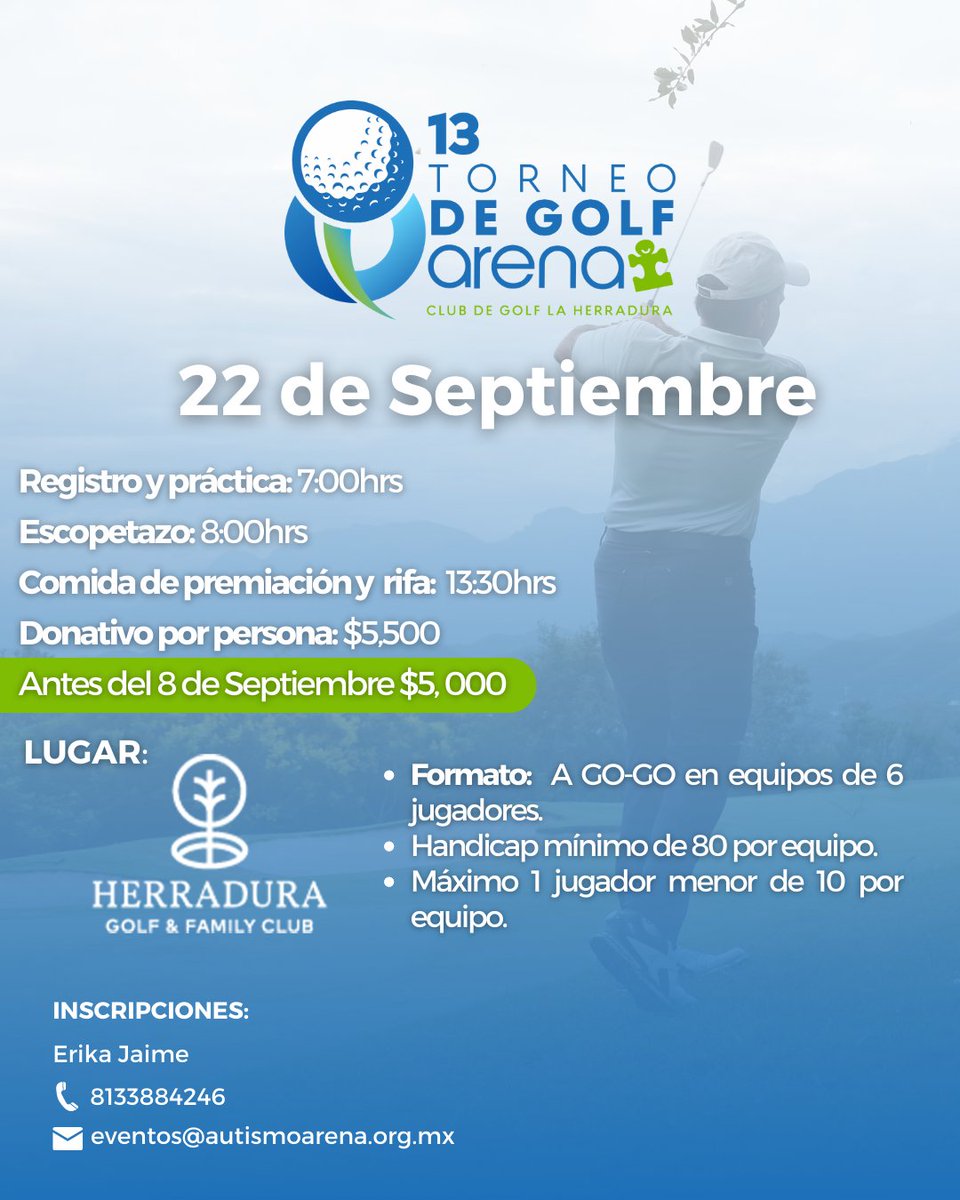 Nos vemos el próximo 22 de septiembre en la 13va edición de nuestro torneo de #Golf ARENA
Sistema: A GO-GO en equipos de 6 jugadores
Handicap mínimo de 80 por equipo
Máximo 1 jugador menor de 10 por equipo
Donación: $5,500 por jugador
Pronto pago $5,000 antes del 8 de septiembre