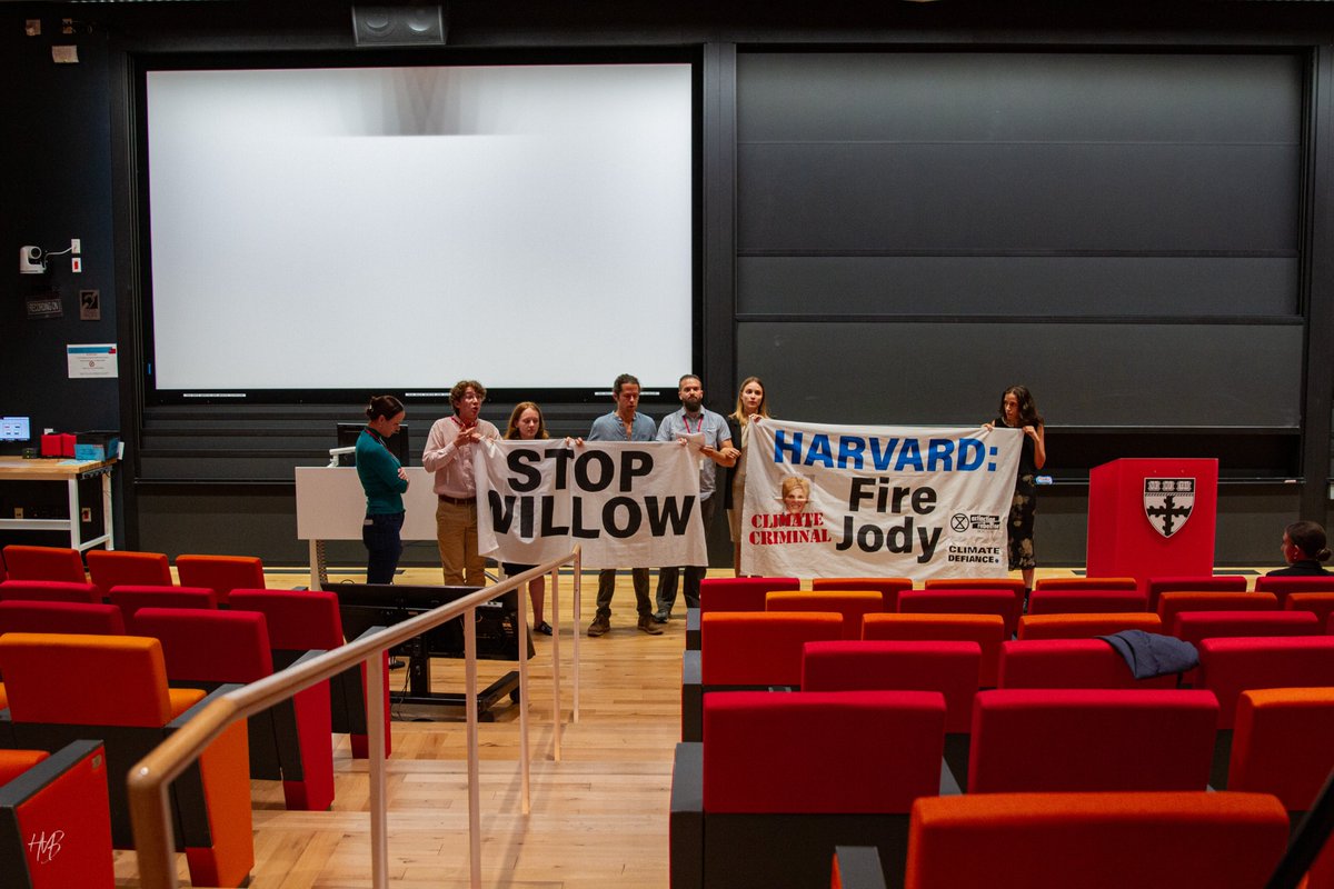 ClimateDefiance's tweet photo. UPDATE: we STORMED the Harvard climate forum. We took the stage and occupied it.

We are demanding that Harvard fire Prof Jody Freeman, who takes over $300,000 per year from the company building Willow.

We were so numerous Harvard could not arrest us. We closed down the event. https://t.co/1BOKY91K51