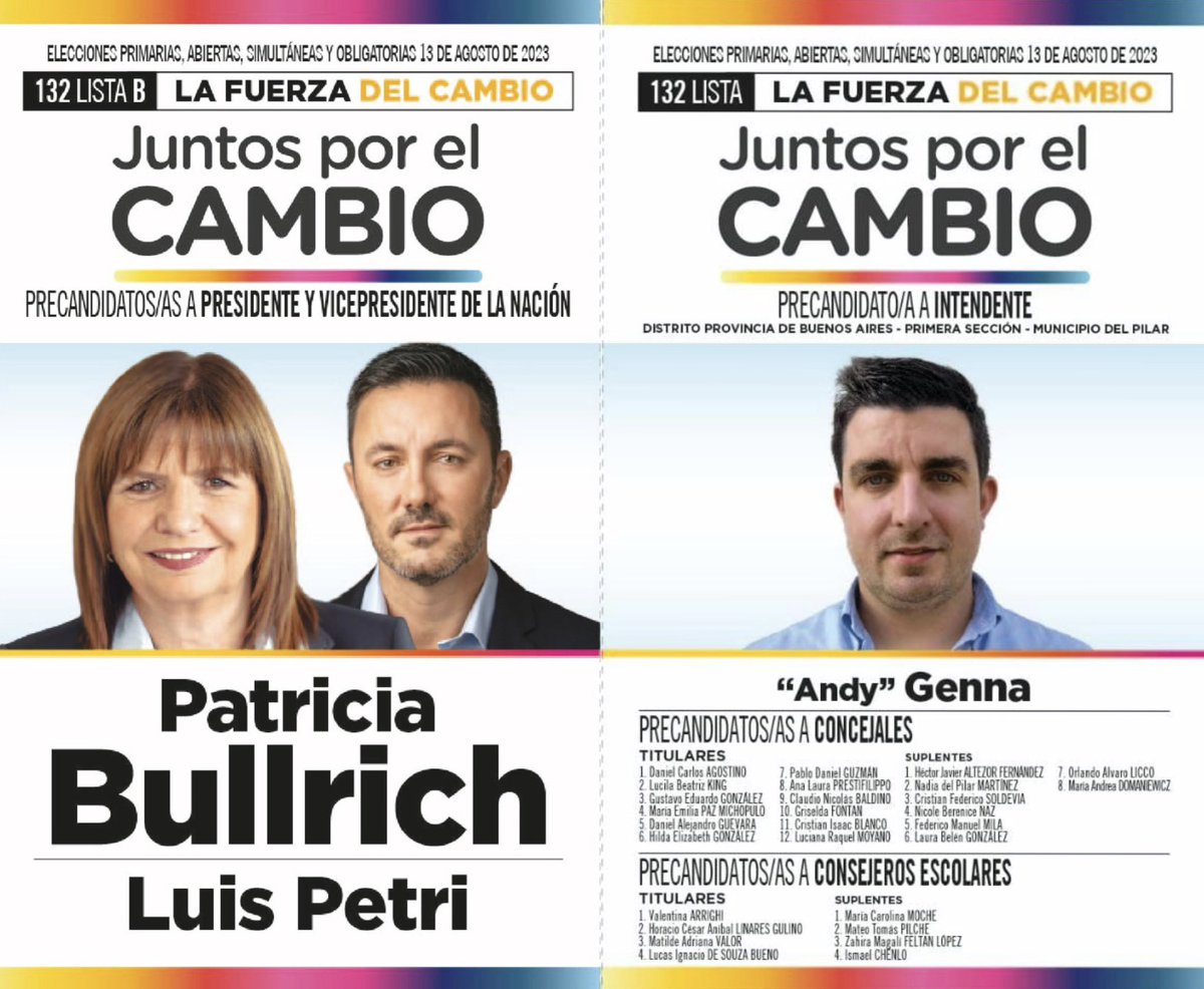 AndyGenna's tweet photo. Esta es la boleta de La Fuerza del Cambio en Pilar. 💪
Junto a @PatoBullrich vamos a poner Orden en la Argentina y Pilar. https://t.co/WFXtACjBr2