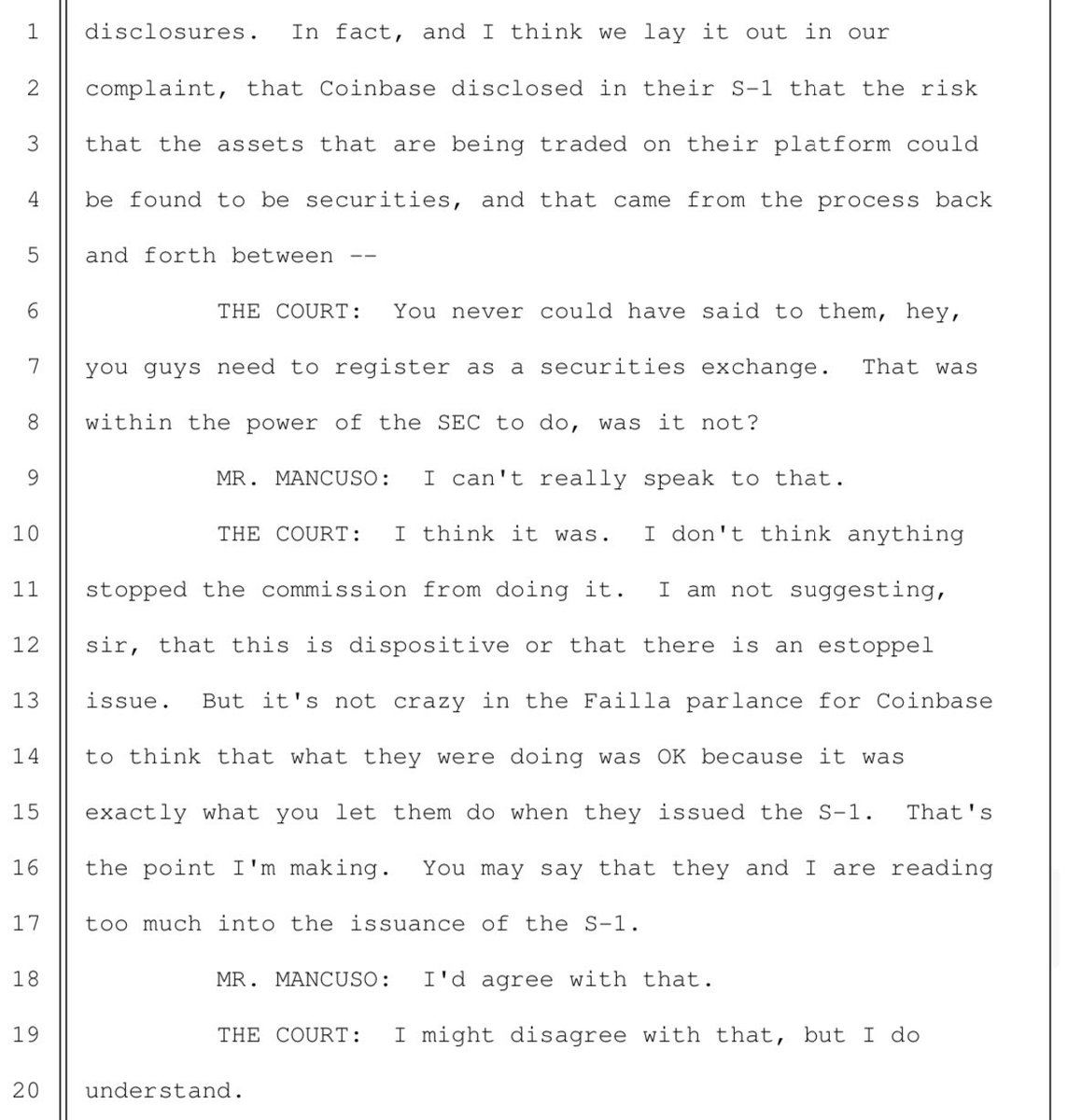 ohaiom's tweet photo. My instinct turned out to be right, at least at the first court conference.  The (very experienced &amp; thoughtful) judge seemed skeptical of the notion that the SEC allowed the Coinbase S1 to go effective without mentioning that SEC thought the whole business model was illegal. https://t.co/ZESSRqe556