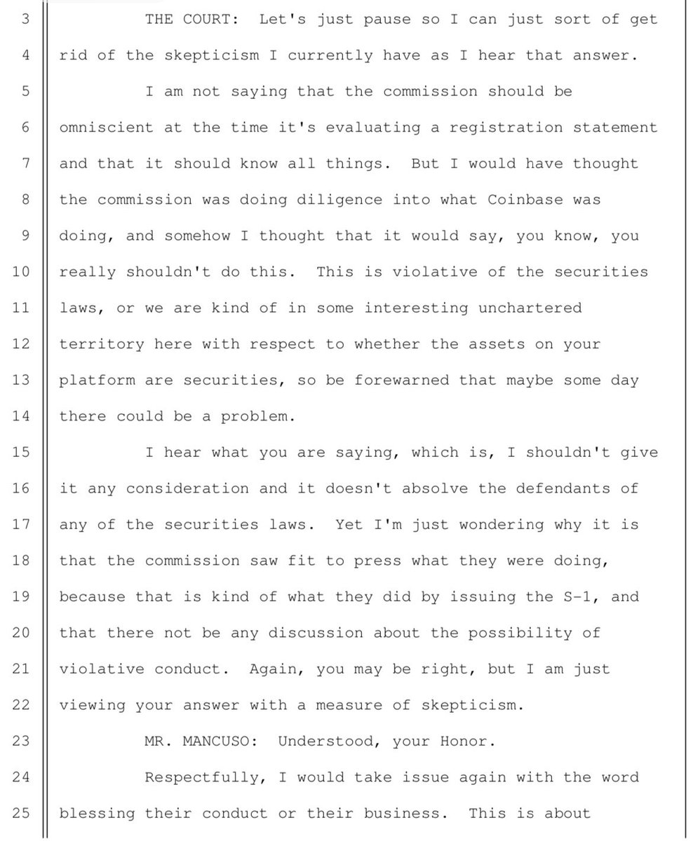 ohaiom's tweet photo. My instinct turned out to be right, at least at the first court conference.  The (very experienced &amp; thoughtful) judge seemed skeptical of the notion that the SEC allowed the Coinbase S1 to go effective without mentioning that SEC thought the whole business model was illegal. https://t.co/ZESSRqe556