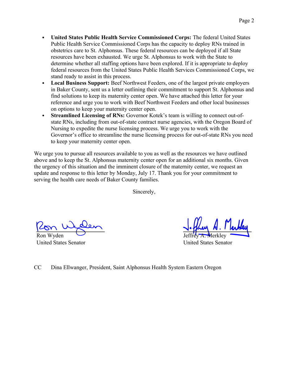 OregonNurses's tweet photo. Senator @RonWyden & @SenJeffMerkley are urging the St. Alphonsus Health System to keep the doors of their maternity unit in Baker City open, a closure that would be bad news for maternity #healthaccess. Read more from their attached letter. #bakercity #oregonhealth #orpol #orleg https://t.co/ptVKA6wrh5