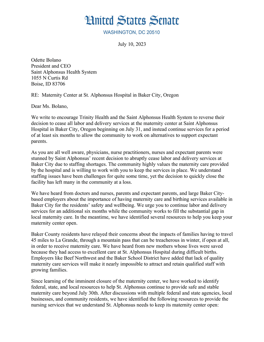 OregonNurses's tweet photo. Senator @RonWyden & @SenJeffMerkley are urging the St. Alphonsus Health System to keep the doors of their maternity unit in Baker City open, a closure that would be bad news for maternity #healthaccess. Read more from their attached letter. #bakercity #oregonhealth #orpol #orleg https://t.co/ptVKA6wrh5