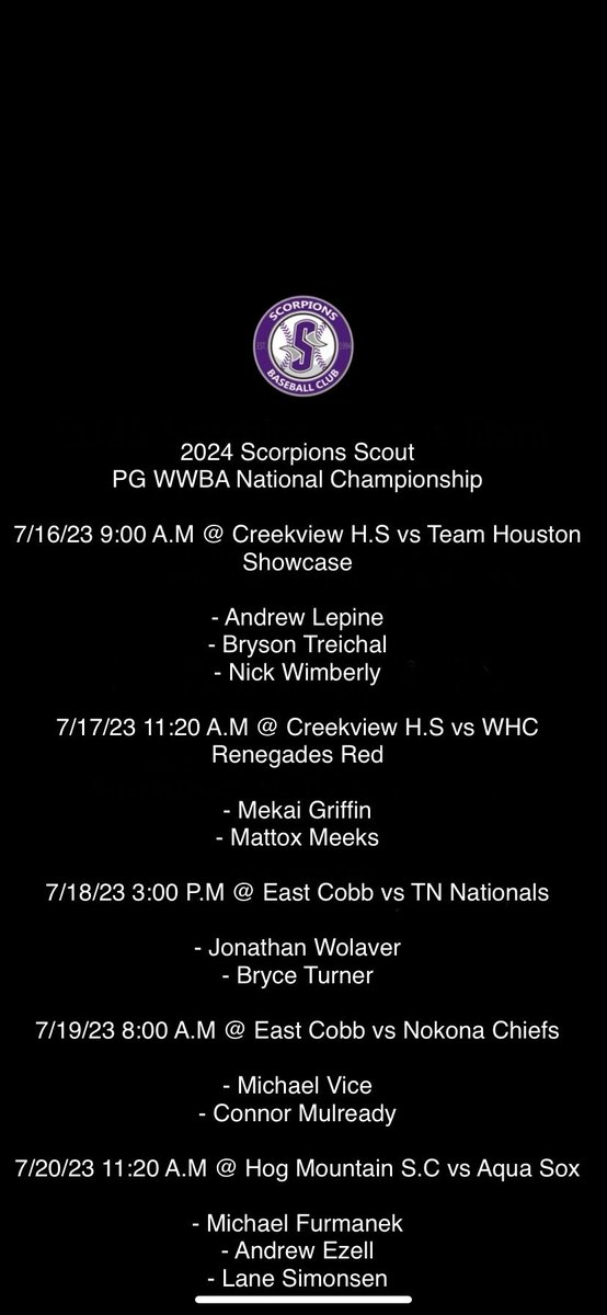 Joey Markus (@joeymarkus) on Twitter photo 2024 Scorpions Scout Team WWBA National Championship pitching rotation. <a href="/OrlandoScorps/">Scorpions Baseball</a> <a href="/PerfectGameUSA/">Perfect Game USA</a> 2024 Scorpions Scout Team WWBA National Championship pitching rotation. <a href="/OrlandoScorps/">Scorpions Baseball</a> <a href="/PerfectGameUSA/">Perfect Game USA</a>