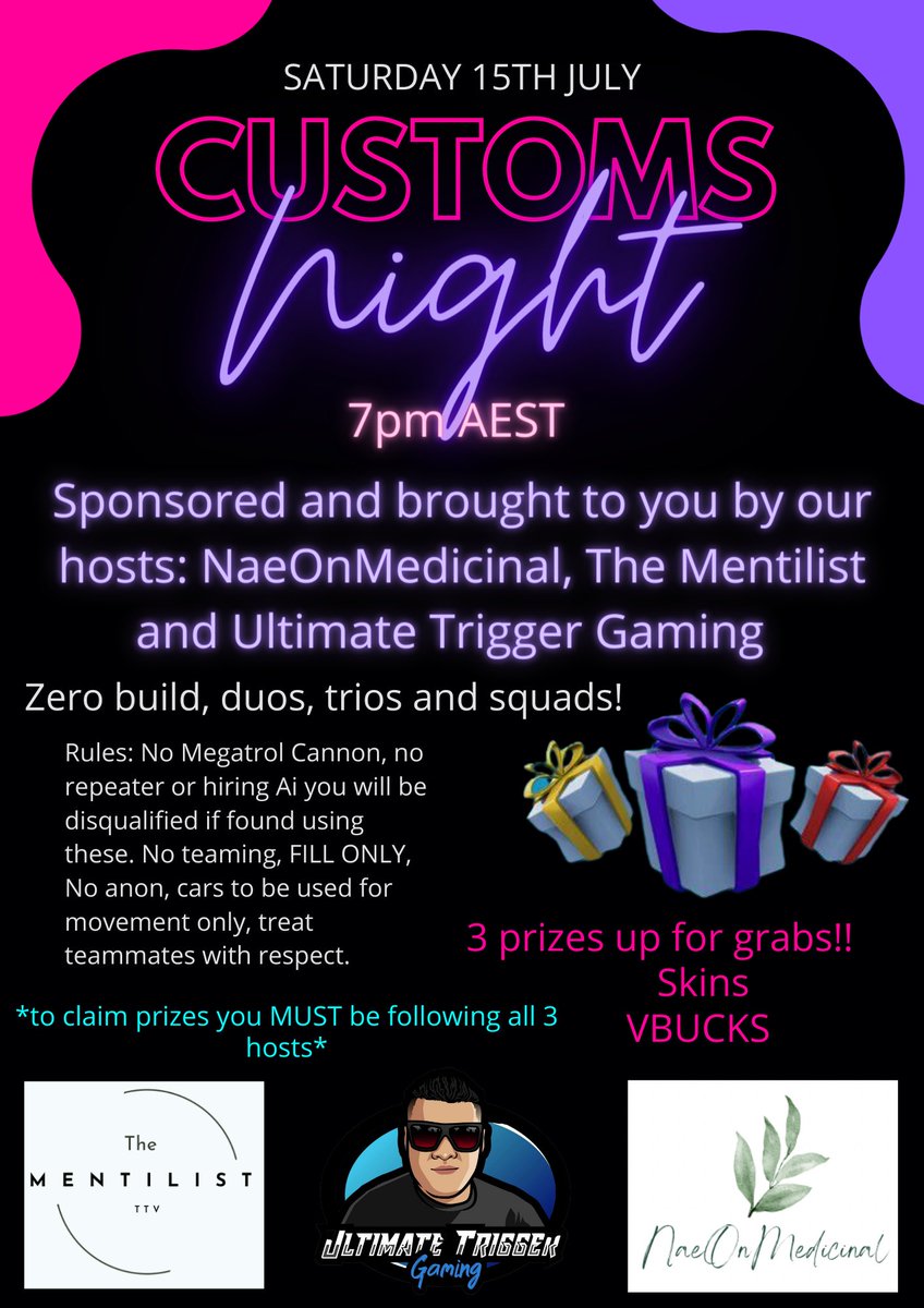 TriggerUltimate's tweet photo. Today is the day for our custom collabs competition 7pm AEST multiple games and 3 giveaways to be eligible for the prizes must be following all 3 host let’s go hope to see you’s all there it’s gonna be litty 🙌🏽🔥 
#Giveaway
#Fortnite 
#SmallStreamerCommunity https://t.co/P9b3hTl15G