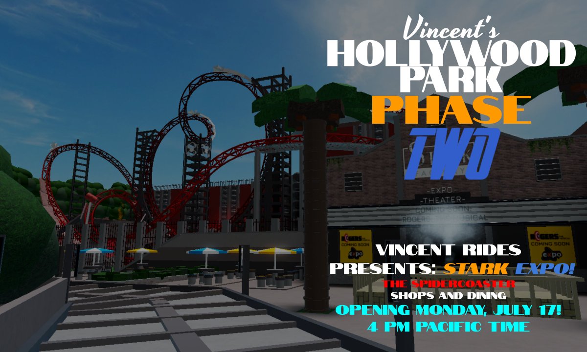 VincentRides's tweet photo. Hey everybody! We're less than 3 DAYS AWAY from the grand opening of Vincent's HOLLYWOOD PARK: PHASE TWO: MARVEL STARK EXPO! The area will be opening on Monday at 4 PM Pacific Time in Vincent's private server! We hope you are able to stop by on that day or sometime in the future! https://t.co/RZOx3KPPTP
