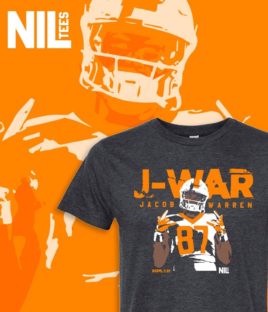 NILtees's tweet photo. The first #NIL release for @jwarren808 is available NOW. Let's go!!! ЁЯНКЁЯПИ https://t.co/22SjZ3QXHw
.
#TN #VFL #JWAR #GBO #NILtees #design #gameday https://t.co/ll8PhSKeCn