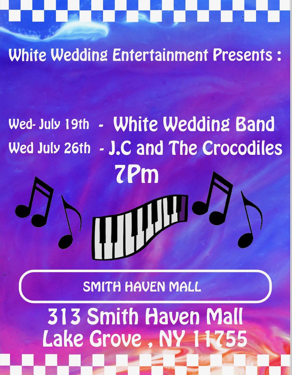 This Coming Wednesday, July 19, @whiteweddingband 80s Tribute Band will bring their 80s show to the Concert Series!! Showtime starts at 7pm. Then the grand finale of the 3 show stint will be Wednesday July 26 with @jcandthecrocodiles Elton John Tribute !!! #smithhavenmall