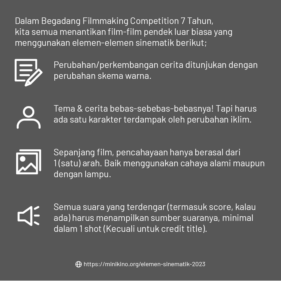 [SUDAH BUKAN RAHASIA] Dalam Begadang Filmmaking Competition 7 Tahun,
kita semua menantikan film-film pendek luar biasa yang menggunakan elemen-elemen sinematik berikut:
minikino.org/elemen-sinemat…
