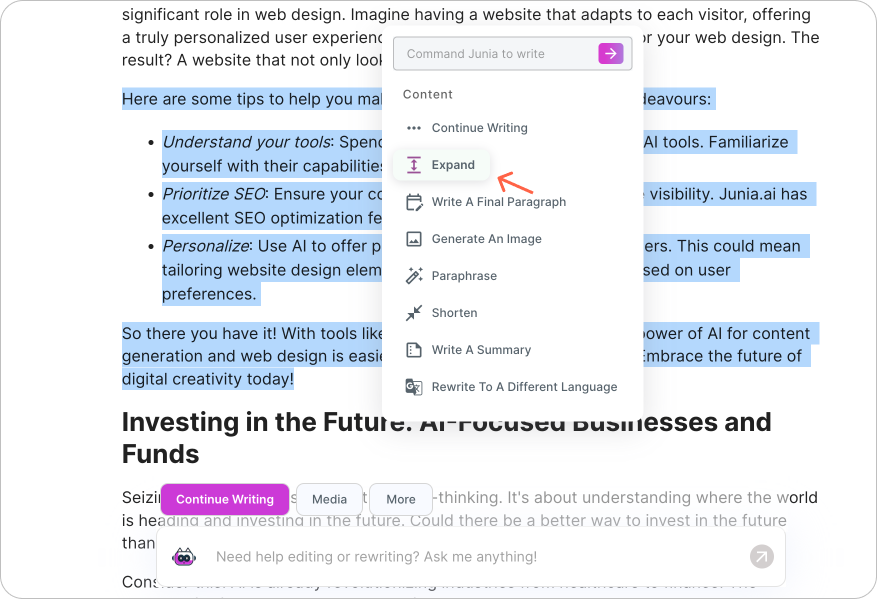 Tips on using Junia AI to ensure your article ranks on Google:

1. Use SEO Blog Post Workflow to build a solid foundation for keyword-focused, user intent-matched content.
2. Use the 'Expand' functionality to add depth and detail to your finished article.
3. Repeat step 2.