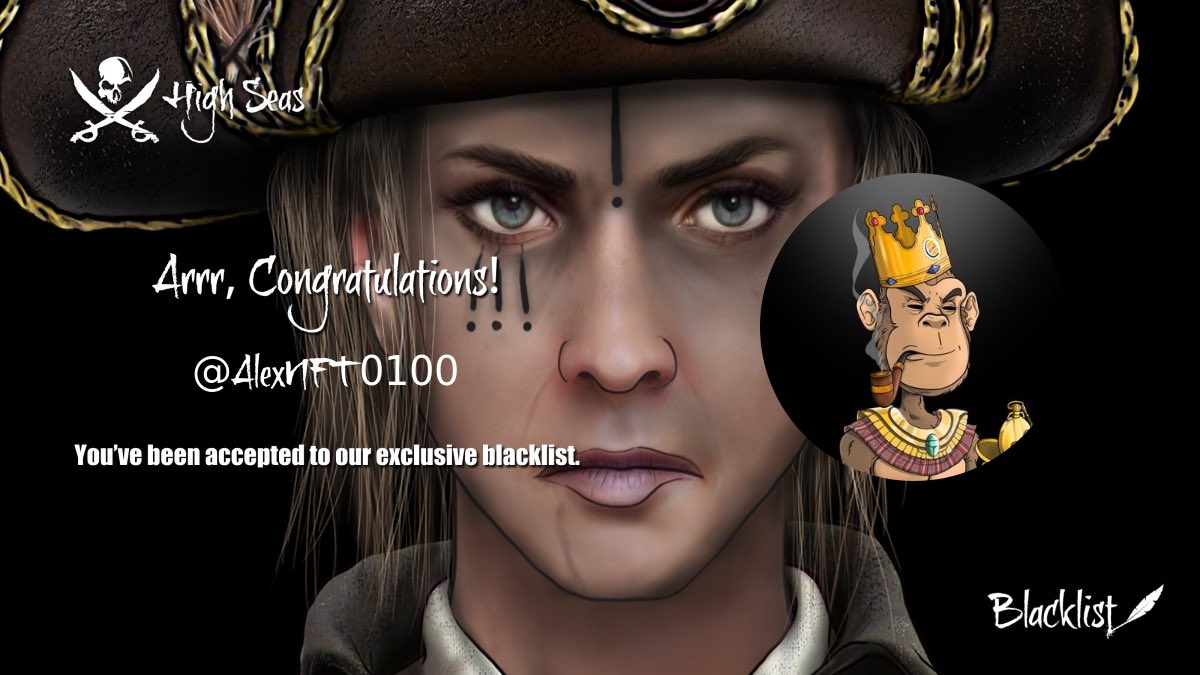 Ahoy, @AlexNFT0100! The captain's gandered at yer papers, and yer petition for the blacklist of the @HighSeasGameFi has been accepted!✅ Ready yer cutlasses and batten down the hatches, for from this day on, ye sail under the black flag! 🏴‍☠️ #HSPcrew