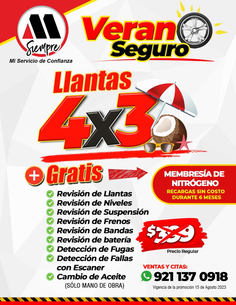 mi_llanta's tweet photo. Este mes llévate 4 llantas por el precio de 3 y obtén una membresía de nitrógeno GRATIS 😎
Contáctanos 
☎️ 9211370918
📱 WhatsApp https://t.co/y9PnysqDjk
📱 Telegram https://t.co/EwNQUiFJWV 
*Aplican restricciones.
*Vigencia al 15 de agosto 2023 y/o hasta agotar existencias. https://t.co/I986gvgOOJ