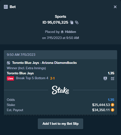 ALERT: New high roller bet posted!
A bet has been placed for $25,444.53 on Toronto Blue Jays - Arizona Diamondbacks to win $34,350.11.
To view this bet or copy it https://t.co/O92R71qr2d https://t.co/sWSHjLxVZU