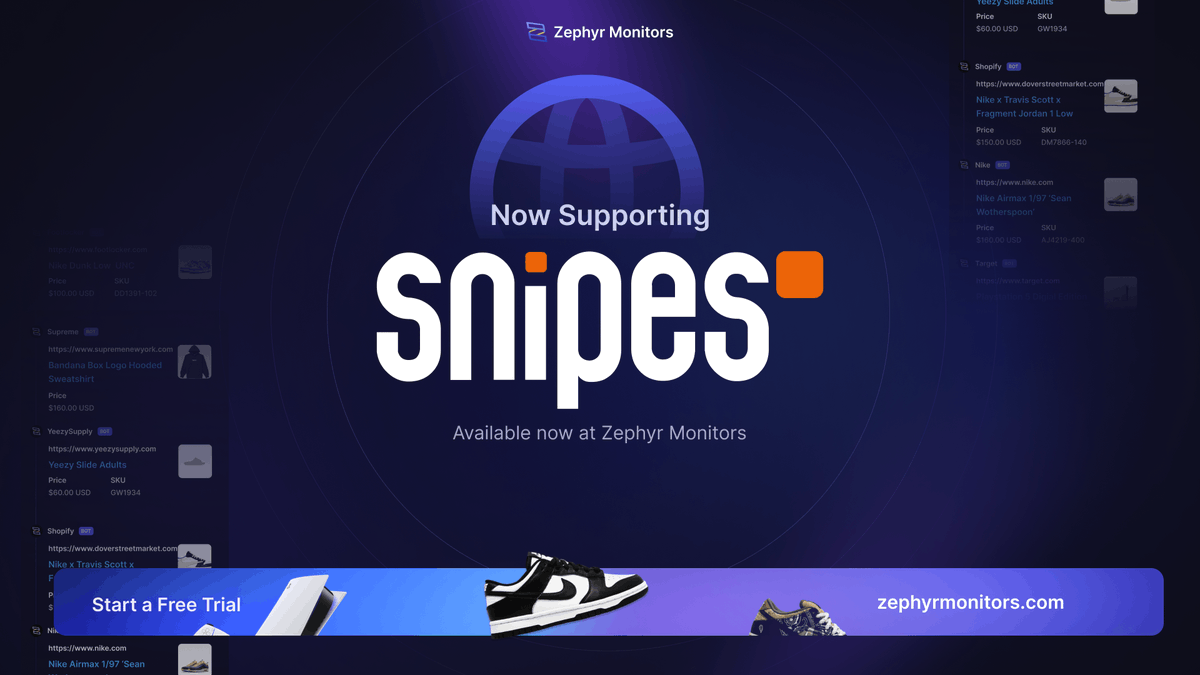 High performance Snipes USA Monitor is now available! 🎯



We're offering a free month to one group who's never used Zephyr before! Apply now @  zephyrmonitors.com