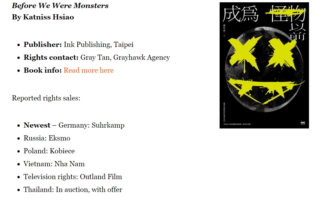 grayhawklit's tweet image. So pleased that Katniss Hsiao's dark and mesmerizing crime novel, BEFORE WE WERE MONSTERS, is sold to Suhrkamp at auction! publishingperspectives.com/2023/07/rights…