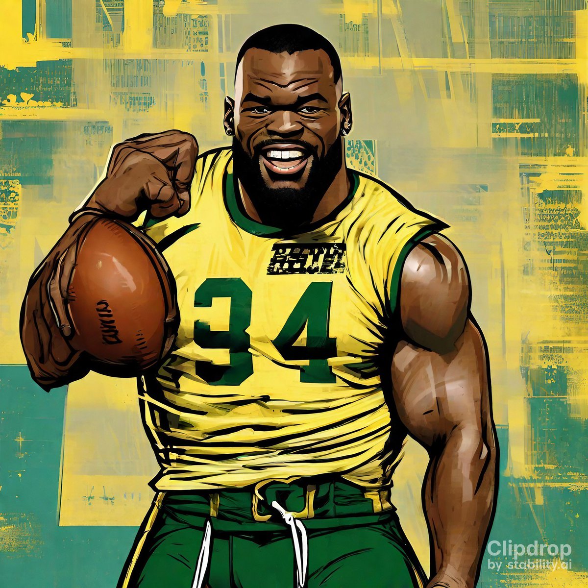 Here is what <a href="/clipdropapp/">Clipdrop</a> came up with this drawn pic &amp; prompt “Former Green Bay Packer <a href="/AhmanGreen30/">Ahman Green NFL legend/Head Coach/Gamer/Sly Drink</a> but wearing workout clothes screaming while flexing his muscles and holding a football. He’s wearing a green shirt and yellow pants….