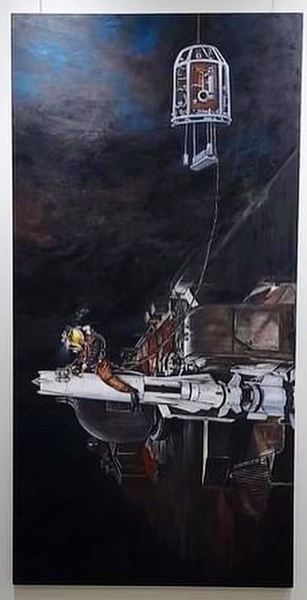 The artwork by Dave Coburn captures perfectly Royal Navy Clearance Diver Ray Sinclair astride HMS Coventry's last armed SeaDart missile. Fixing explosives to the warhead. 
#MOD gave no recognition to the Leading Divers. 
#RoyalNavy #HMSCoventry 
#OperationBlackleg #FalklandsWar