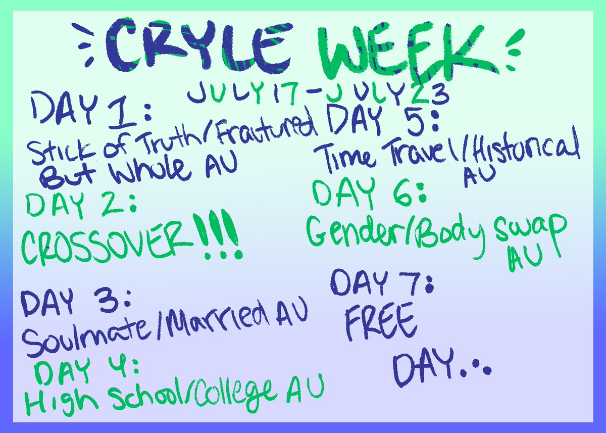CRYLE WEEK
July 17 - July 23
1: Stick Of Truth/Fractured But Whole AU
2: Crossover!!!
3: Soulmate/Married AU
4: High School/College AU
5: Time Travel/Historical AU
6: Gender/Body Swap AU
7: Freeday...
#cryle #cryleweek