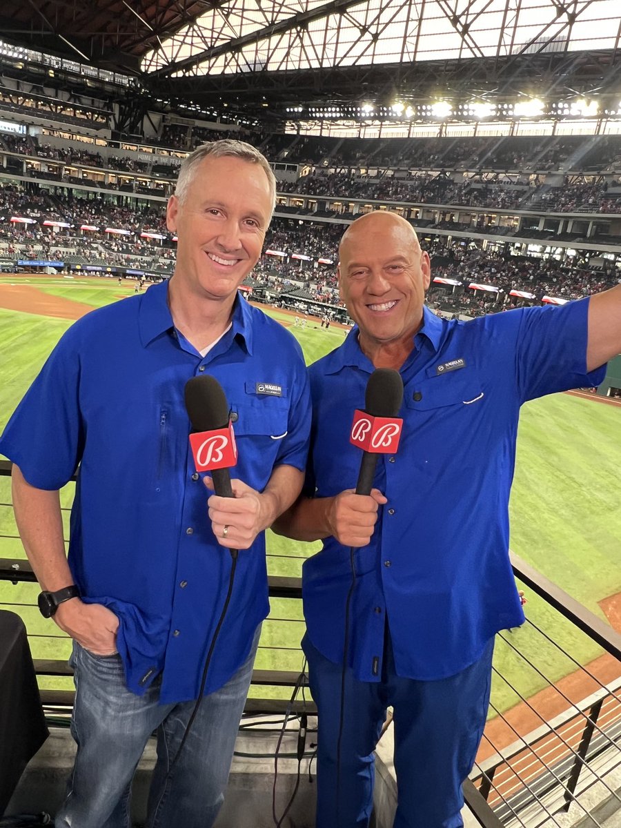 Dave Raymond, Voice of the Texas Rangers and I rockin the Magellen fishing shirts, now we need to learn how to fish…Jay Buhner, Bone can you help???⁦@TexasRangersPR⁩ #mlb