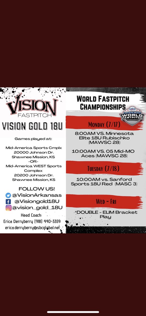 Schedule for the World Fastpitch Championship!! Follow up with us at Mid-America Sports Complex. We play Monday at 8 and 10 am. Come check us out!!

<a href="/VisionArkansas/">VisionGold18U</a> <a href="/CodyBarham/">Cody J Barham</a> <a href="/hallieblackney/">Hallie Blackney</a> <a href="/kasey_grif/">Kasey Griffith</a> <a href="/CCRoughridersSB/">Crowder College Softball</a> <a href="/MSSUSoftball/">MSSU Softball</a>