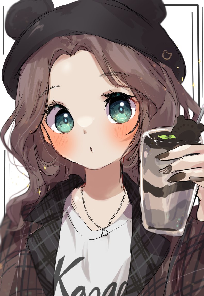 1girl brown hair solo plaid jacket cup jewelry hat  illustration images