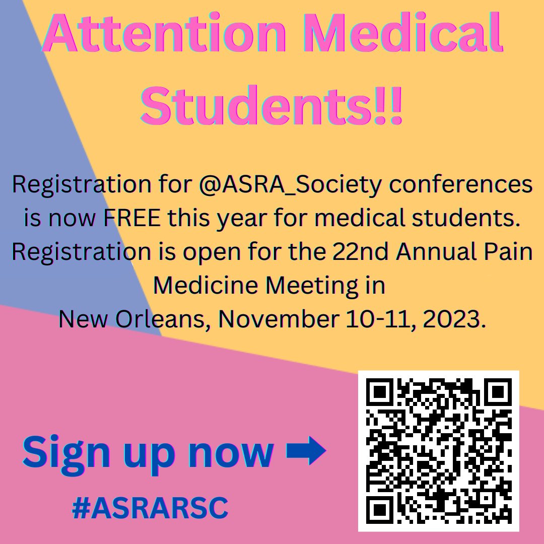 ASRA_Society's tweet photo. 📣Attention medical students! Registration for @ASRA_Society annual meetings is FREE for medical students. Email asramembership@asra.com for your free membership and then sign up for #ASRAFALL23 in New Orleans this November 10-11. ➡️ https://t.co/W9EWeQXeQA #ASRARSC https://t.co/Pw8kkU63kX