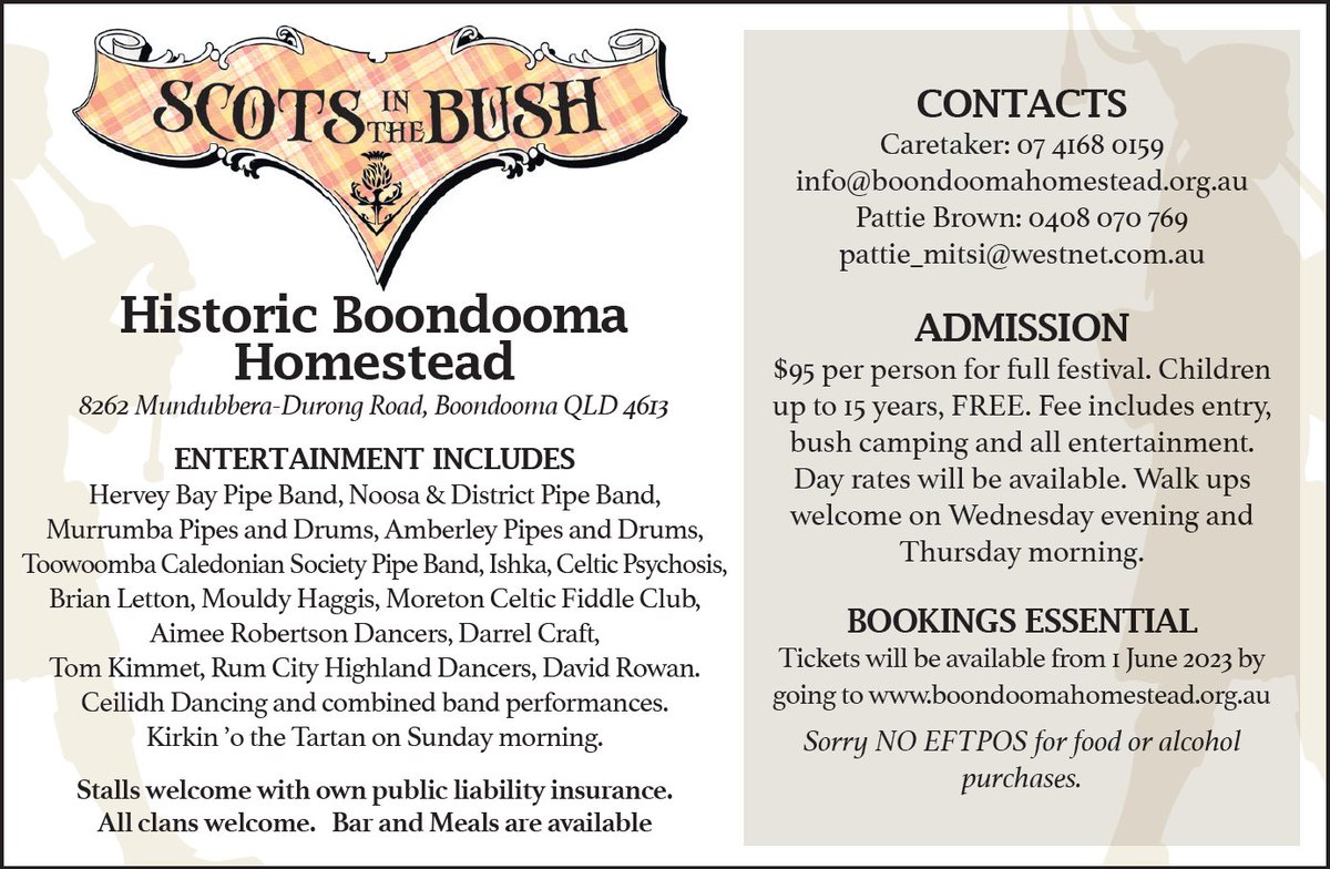 Scottish_Banner's tweet photo. Mark your diary for #ScotsInTheBush August 16-20 at #BoondoomaHomestead
ππ«: https://t.co/UTxvwfsvgu
#ScotSpirit #LoveScotland #ScottishBanner #CelticMusic #CelebrateScotland #GatherTheClan #GetYourKiltOn #CelticFestival #ScottishFestival #Boondooma https://t.co/7Zj3ufoOrH