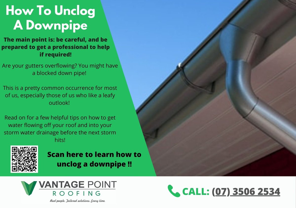 VantagePointQLD's tweet photo. 🌧️ Education Spotlight: Do you know how to unclog a downpipe and prevent potential water damage to your property? 

At Vantage Point Roofing, we've got you covered!  Visit our website at https://t.co/zz6l1grFch to gain valuable insights and keep your roof in top shape! https://t.co/ZM7FSy56LL