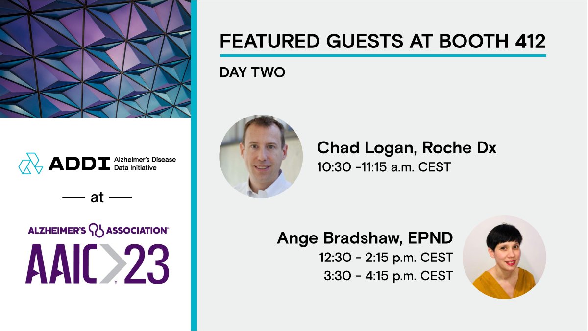 It's #AAIC23 day 2! Come by our booth 412 for today’s featured guests. Ask Chad Logan from @RocheDia about the NeuroToolKit and the updated NTKApp2.0, now available on #ADWorkbench at no cost to users. And @AngeBradshaw_AE is back to talk about the new @imi_epnd Cohort Catalogue.