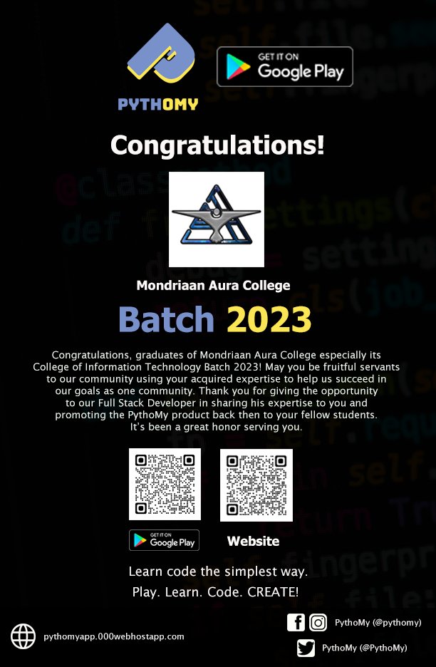 PythoMy's tweet photo. Congrats, Mondriaan Aura College Batch 2023! We are proud of you graduates who will be the new people who will make our communities better. 👨‍🎓👩🏻‍🎓

#Graduation #MondriaanAuraCollege #PythoMy #Programming #Coding #Python https://t.co/fN3U7rKvqB