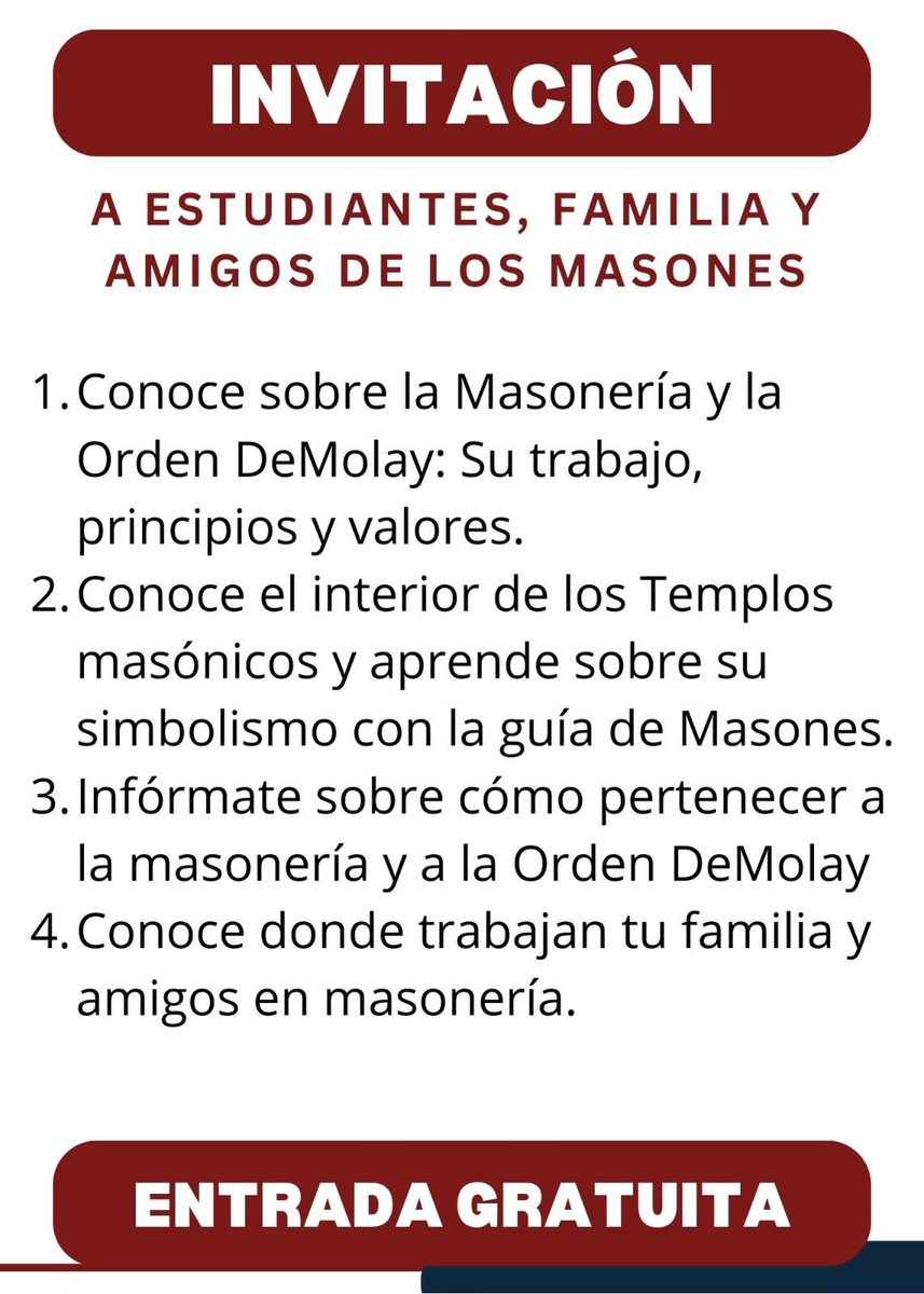 Conoce los Templos masónicos y como trabajan los masones! Visita nuestra casa abierta en Quito, en La Pradera y San Salvador, sector círculo militar y FLACSO, guiado por los Jóvenes de la Orden DeMolay. Quieres ser un Joven DeMolay? Sábado 22 julio 2023 Quito