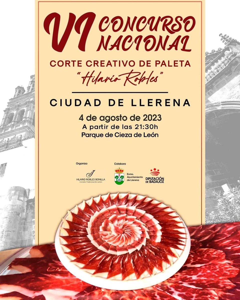webdocjamon's tweet photo. Quedan pocos días para que se celebre uno de los concursos más especiales de corte
#jamon #jamoniberico #alcortejamonero #cortadores #spanishham #concursohilariorobles #llerena #ham #cortadoras #jamonibericobellota #paletaiberica #hilariorobles #Badajoz https://t.co/ig09HkTMux