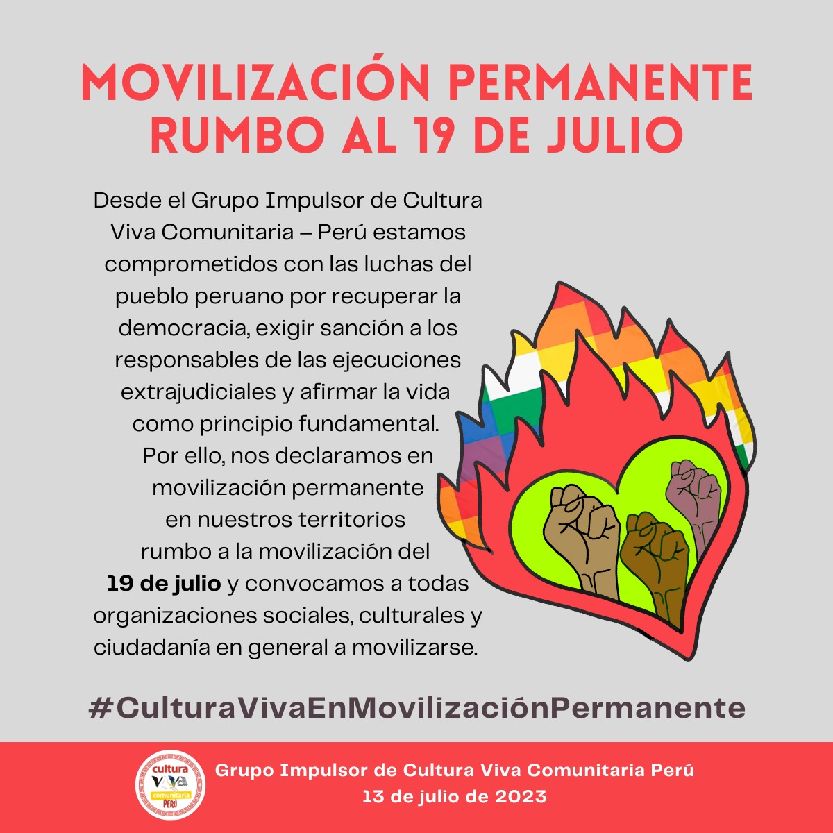 perucvc's tweet photo. #COMUNICADO CVC

La Cultura Viva se encuentra en Movilización Permanente ✊🏾✊🏽✊🏿

Convocamos a todas las organizaciones sociales, culturales y ciudadanía organizada a reafirmar la vida como principio fundamental ✨ https://t.co/hQIKuz2EJH