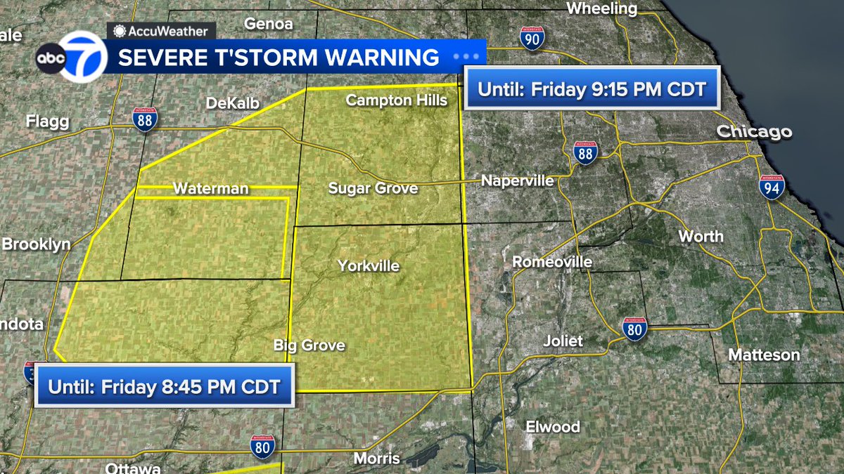 Numerous severe thunderstorm warnings are now in effect. The strongest cell is in southern DeKalb County heading for Kane and Kendall Counties at nearly 45 mph. Winds over 70 mph are possible with this storm and there are signs of some rotation.