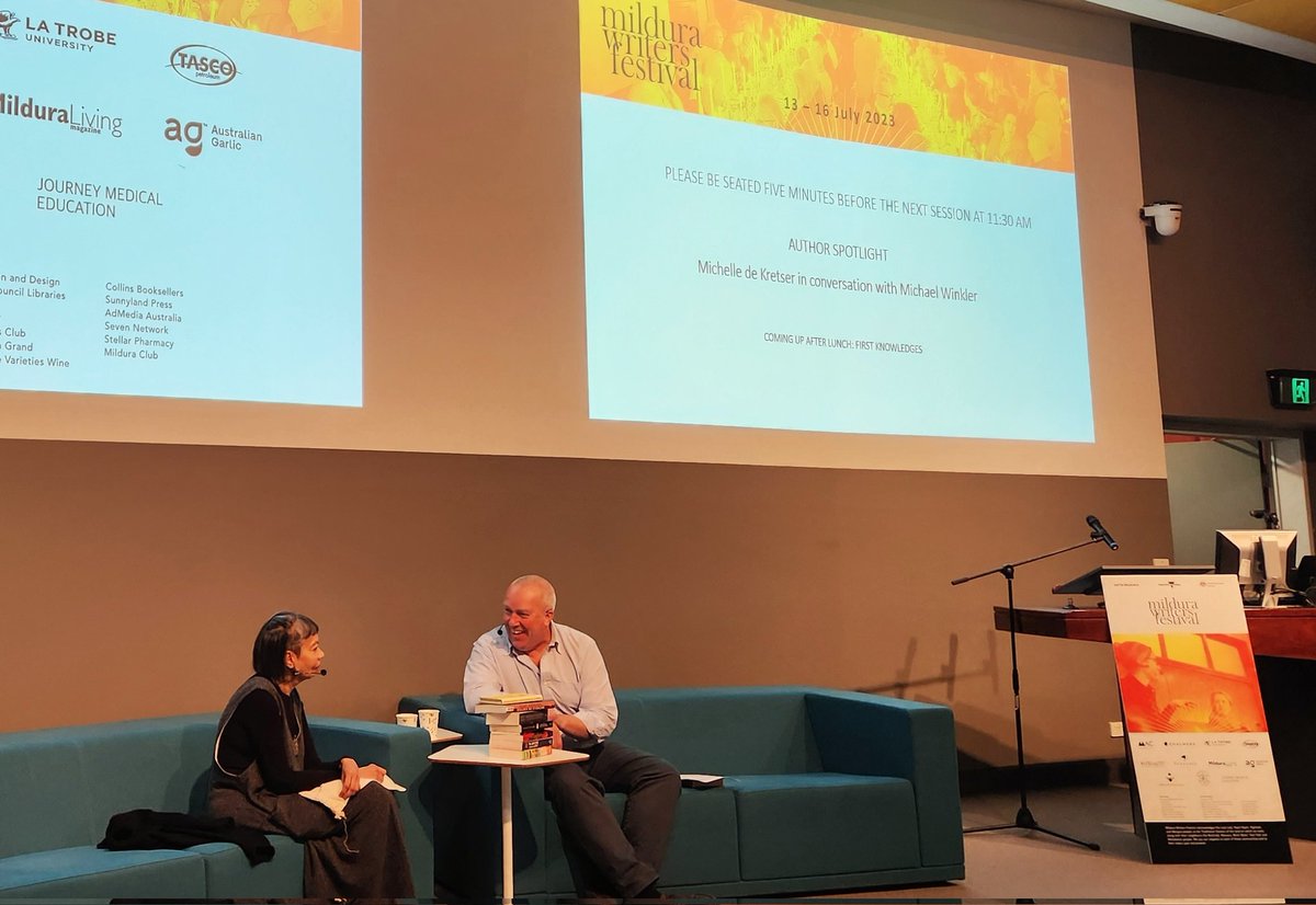 MareeLisaJones's tweet photo. Michelle de Kretser an Michael Winkler talk the craft of writing @MilduraWriters 
#MilduraWF23 https://t.co/ONrj9LBerX