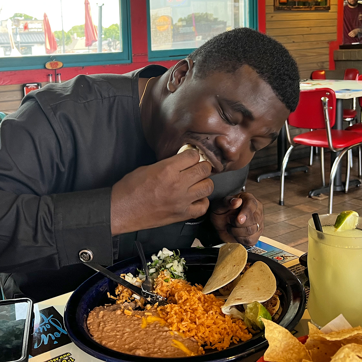 Our newest member Emmanuel Smart enjoys his first taco (brisket) at our July Happy Hour.
Join us on the second Friday of every month at Señor Locos 5:30p-7p.