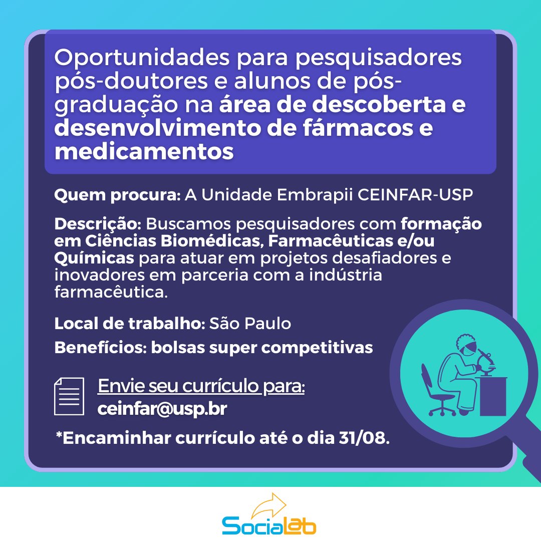 🔎💊Oportunidades imperdíveis na área de #pesquisafarmacêutica!

💼Temos #vagas disponíveis para pesquisadores pós-doutores e alunos de pós-graduação na área de descoberta e desenvolvimento de fármacos e medicamentos! Junte-se à equipe na Unidade Embrapii CEINFAR-USP!