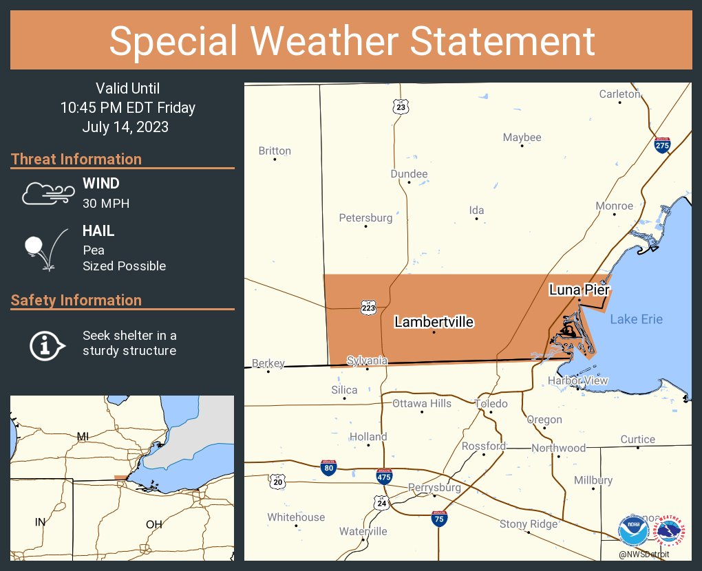 A special weather statement has been issued for Lambertville MI, Temperance MI and  Luna Pier MI until 10:45 PM EDT https://t.co/WDrVqT07XZ