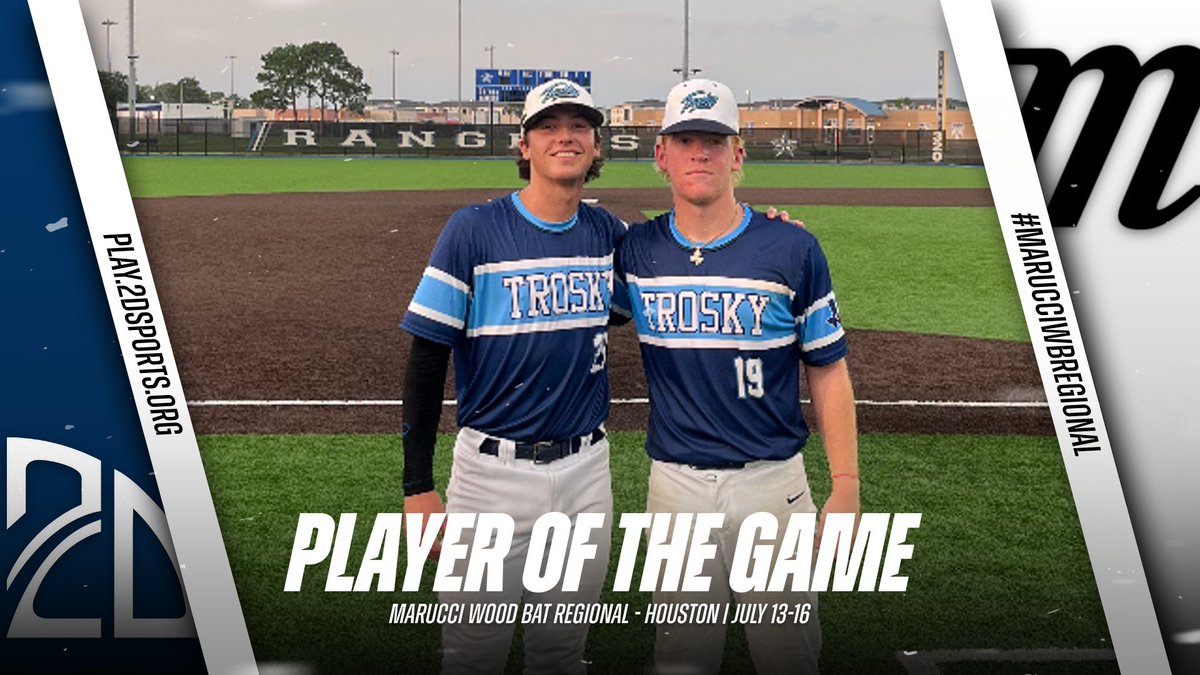 ⭐️ PLAYER OF THE GAME ⭐️

Braxtyn Vackar: 6IP 1H 12K 1ER
Dylan Kalmus: 3-3 HR 5RBI

Summer Team: Trosky Baseball Prospects

<a href="/2DsportsTX/">2D Sports Texas</a> 
#MarucciWBRegional