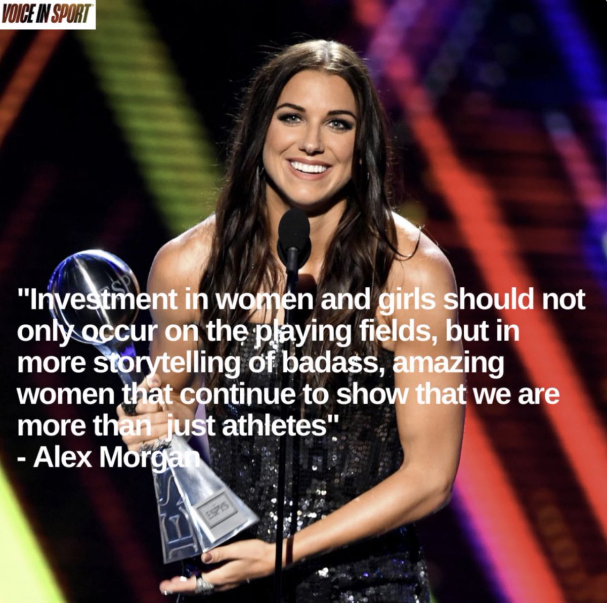 voiceinsport's tweet photo. Congrats to @alexmorgan13 for winning Best Woman Athlete at the 2023 Espy Awards. Tune into the Women’s World Cup kicking off in 6 days, and watch these incredible women make history. #voiceinsport #morevis #womeninsports #espys #alexmorgan #uswnt #equality https://t.co/fWQE9A1NXp