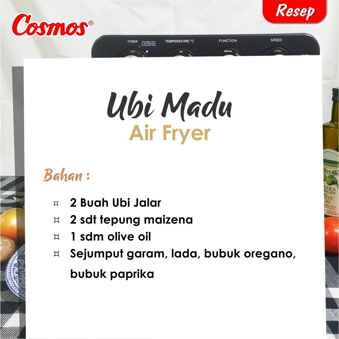 cosmosonline's tweet photo. Keluarga Cosmos yang pengen bikin cemilan sehat , yuk cobain resep "Ubi Madu Air Fryer" dengan menggunakan Cosmos Air Fryer Oven CAFO-8823 yang multifungsi 6in1 loh.. Kapasitasnya juga besar hingga 23 Liter.
#BanggaCosmos #Resep #ResepSehat #ResepAirFryer #CosmosCAFO https://t.co/g5xjk6mYSQ