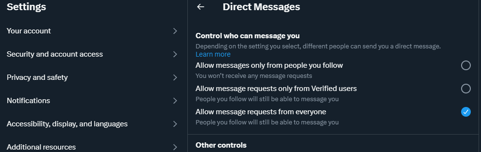 #twitterartists feel free to know twitter just made your message requests set to allow verified users only to try to message you