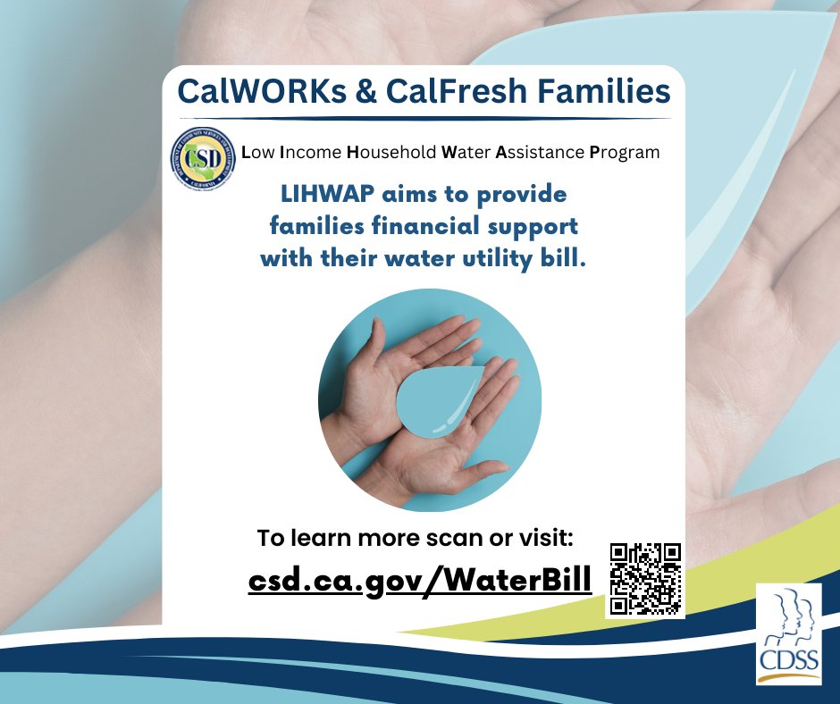 CaliforniaDSS's tweet image. CalFresh and CalWORKs recipients are already income-qualified to receive one-time financial assistance to help pay current or past-due water and sewer bills. Get help through the California Low Income Household Water Assistance Program. csd.ca.gov/WaterBill #CSD #LIHWAP