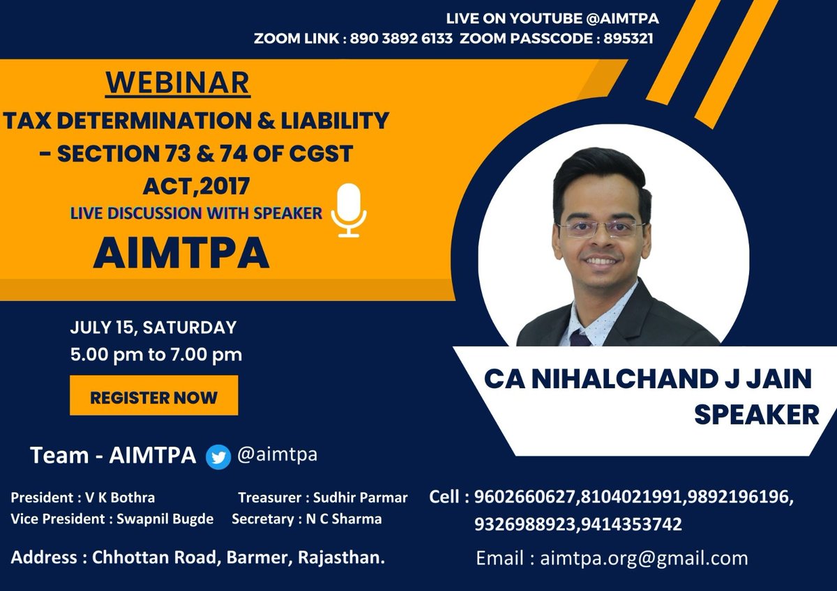 Do tune in to hear @NihalchandJJain speak on the purview of Sections 73 and 74, today, 15th July 2023 from 5pm onwards. @aimtpa