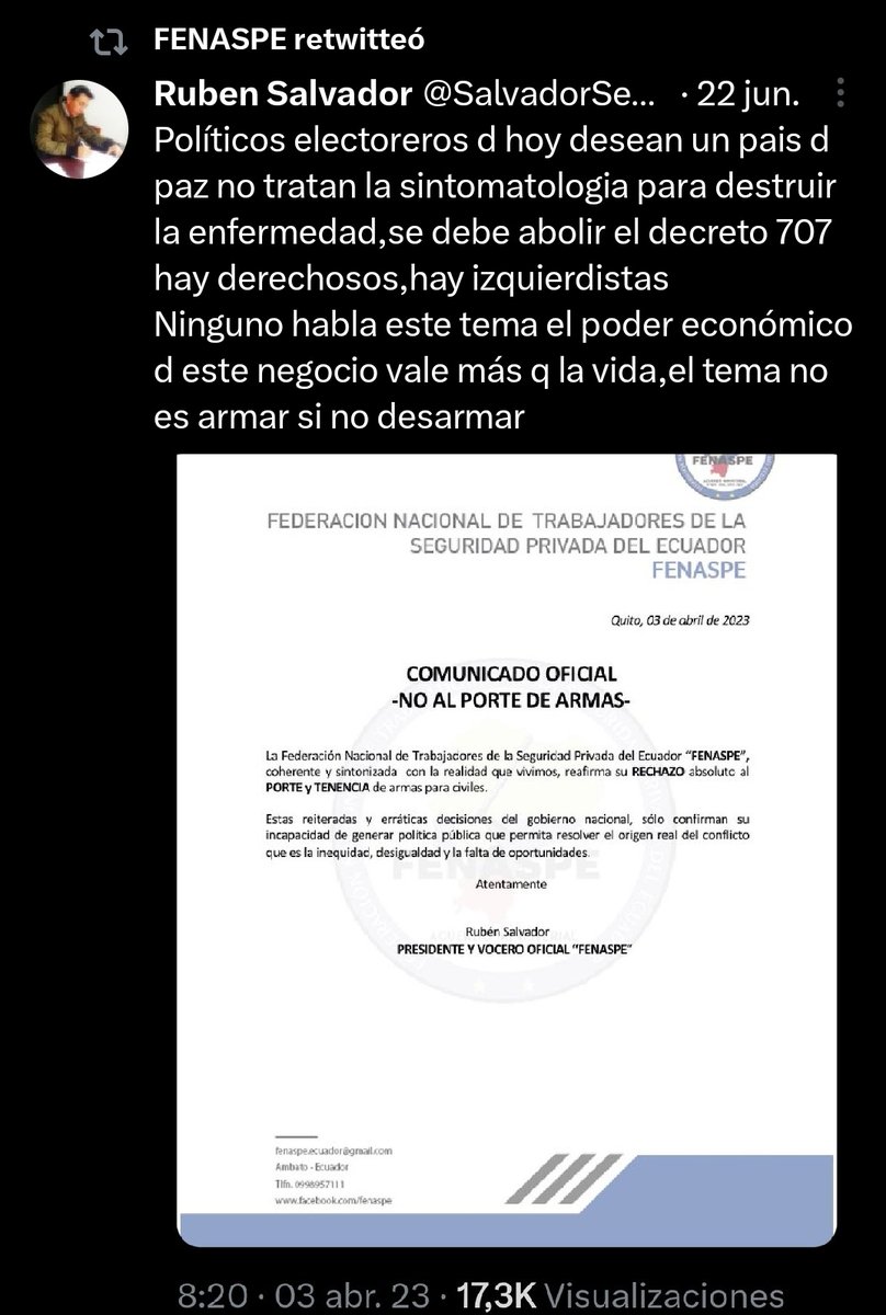 Angel_enAlerta's tweet photo. #Fenaspe no nos representa!!! #RubenSalvador es un sinvergüenza de doble discurso q a través d su # telefónico personal está ofreciendo arma de "Fuegos Letales". Cuando esté siempre manifesto estar en contra del porte de armas. @radiolacalle @Ricardo_Vanegas @LuisaGonzalezEc https://t.co/asXU0rosva