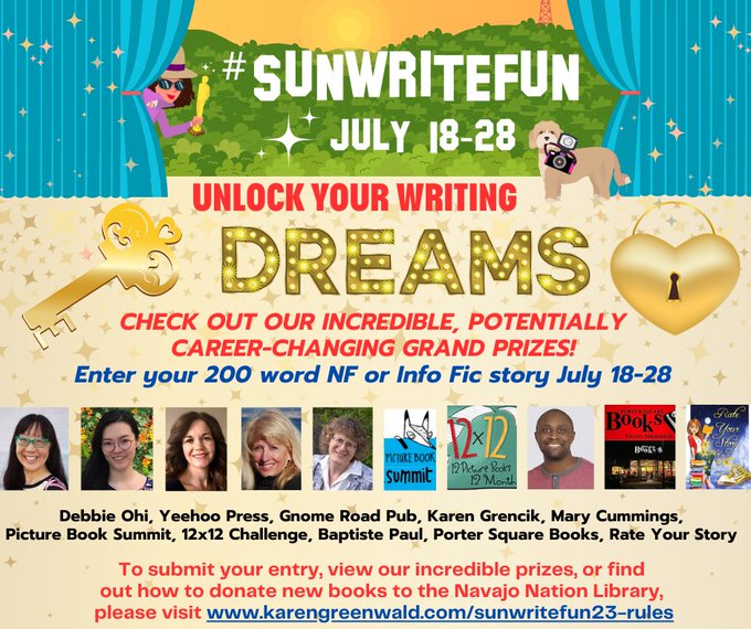 Many thanks to #SunWriteFun donors, including: @inkyelbows @baptistepaul @PorterSqBooks @RobSandersWrite @aj_irving @DowPhumiruk @KirstenWLarson @Jill_SF @JyotiGopal @keila_dawson
& hosts: Karen Greenwald @Yangmommy @MariaMarshall @ReaderToReader #kidlit
karengreenwald.com/sunwritefun23-…